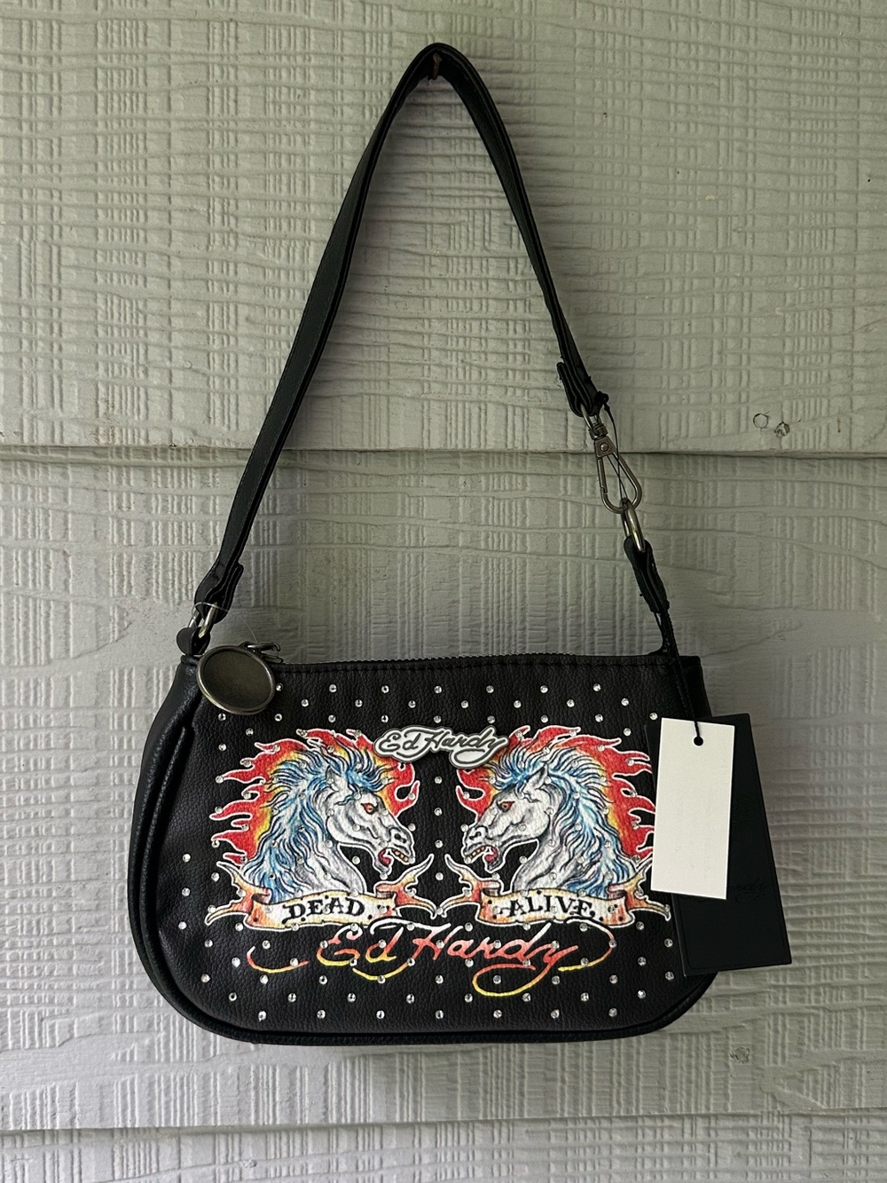 Ed Hardy "Dead or Alive" Horse Tattoo Graphics Rhinestones SM 
Shoulder Bag NWT